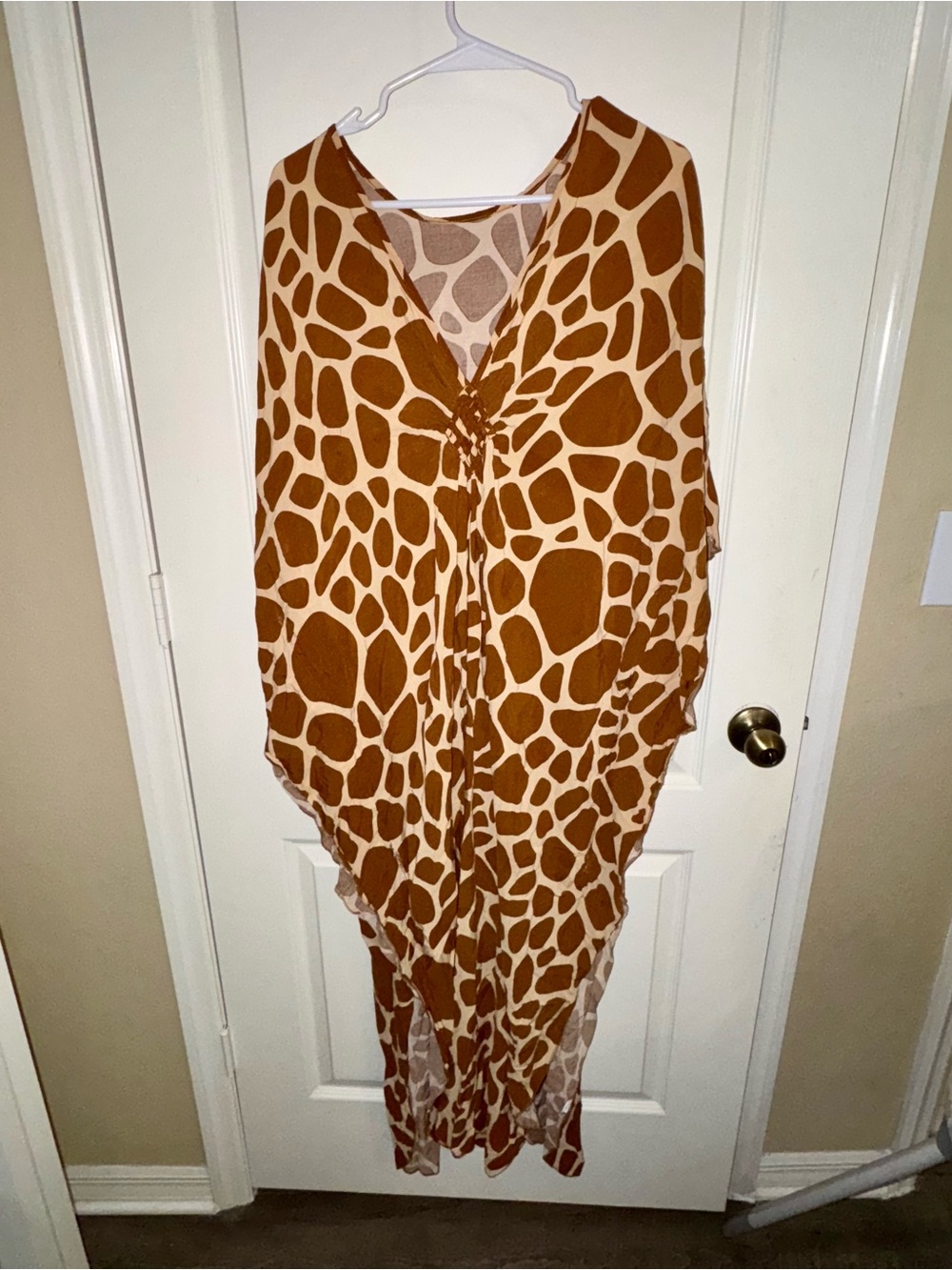 Giraffe Print V-Neck Kaftan Tunic in Camel & Cream